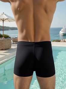 Manfinity Swimmode Men's Summer Beach Vacation Style Letter & Stripe Print Drawstring Waist Swim Trunks - Black - View 2