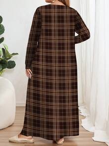 EMERY ROSE Plus Size Vintage Plaid Print Long Sleeve Round Neck Dress, Suitable For Autumn/Winter Spring Fall - Multicolor - View 2