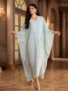 Al Najma 女士花卉刺绣V领蝙蝠袖优雅阿拉伯连衣裙 - 薄荷綠 - 查看 3