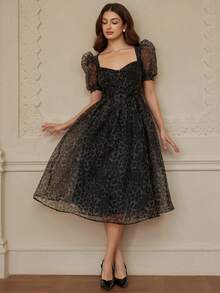 Aveloria Rosie Women's Chiffon Leopard Print Sweetheart Neck Puff Sleeve Elegant Dress - Multicolor - View 6