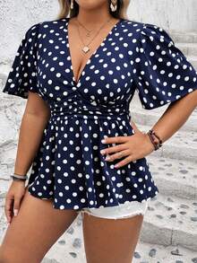 EMERY ROSE 女士随机印花深V加大码荷叶边上衣 女士波点上衣 可爱波点上衣 藏蓝色波点上衣 度假上衣 短袖上衣 藏蓝色上衣 可爱上衣 女士度假 - 藏蓝色 - 查看 5