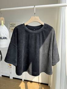 Comfortcana Plus Size Short Sleeve Washed Cotton T-Shirt, Spring Crop Tops - Black - View 1