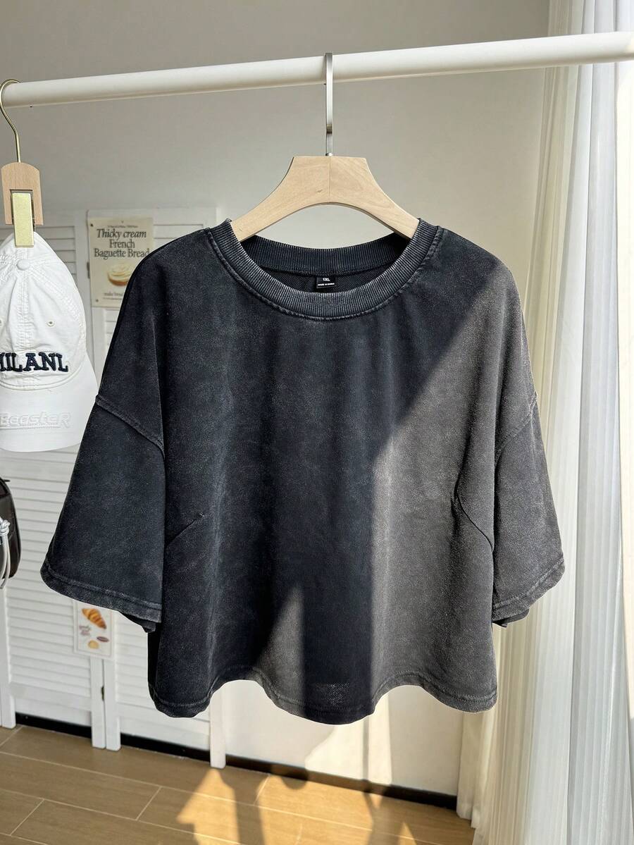 Comfortcana Plus Size Short Sleeve Washed Cotton T-Shirt, Spring Crop Tops - Black - View 1