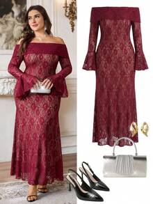 Firerie Plus Size Elegant Wedding Nude Contrast Lining Off Shoulder Lace Dress,Women's Autumn Casual Vacation Party High-Low Hem Ruffle Sleeve Long Dress - Burgundy - View 8