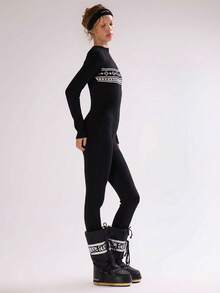 MUSERA Argyle Stripe Fitted Long Sleeve Knitted Sweater Jumpsuit Catsuit Autumn Fall Winter Ski Vacation  Lounge Holidays New Year Thanksgiving - Black - View 3