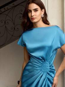 ZEYLAH New Satin Draped Pleated Asymmetrical Dress For Women - Blue - View 6