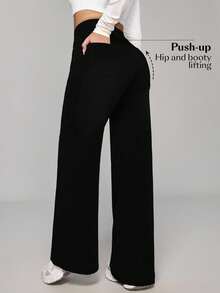 SHEIN PETITE Quần jean denim nữ cạp cao, ống rộng, có túi, dáng rộng, thoải mái - màu đen - Xem 2