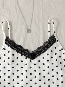 SHEIN Tween Girls' Summer Casual Polka Dot Print Contrast Lace Camisole