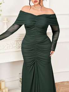 Modelyn Đầm dự tiệc tối tay dài hở vai lưới màu xanh ngọc lục bảo cỡ lớn dành cho nữ - Màu xanh lá cây đậm - Xem 6