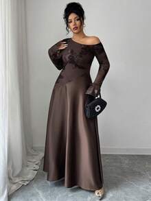 Modelyn Plus Size Women's Sexy Brown Asymmetric-Shoulder Mesh Embroidered Long Sleeve High Waist Slim Dress - Brown - View 6