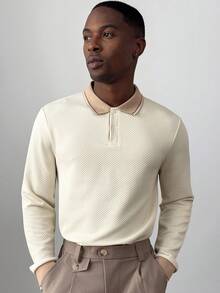 HUEFORM 男士 Ole Money 长袖纹理面料撞色 Polo 衫，适合外出和通勤穿着，杏色针织 Polo 衫，纽扣款 - 杏色 - 查看 4