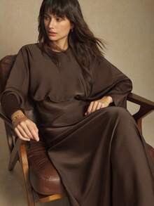 BizChic New Coffee Brown Round Neck Raglan Sleeve Elegant Dress For Women, Spring/Summer - Brown - View 4