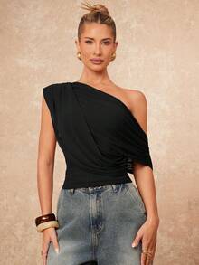 Lumalex And High-End Women's Casual Daily Commuting Elegant Solid Color Waist Asymmetric Shoulder Ruched Elegant Top, Business Casual,Spring/Summer Old Money Style - Black - View 4