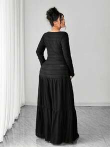 Elenzga Plus Size Women Solid Color Single-Breasted Long Sleeve T-Shirt And Midi Skirt Elegant 2-Piece Set Black Dresses For Women,Autumn Dinner Long Dress - Black - View 2