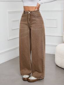 Quần denim ống rộng cạp cao có túi tiện dụng đa năng cho nữ - màu nâu - Xem 5