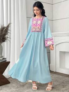 SHEIN 少女绿色拼接印花休闲连衣裙 - 綠色 - 查看 3