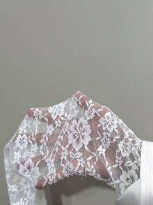 BamGleam 二合一蕾丝袖拼接白色T恤，时尚透视长袖宽松休闲上衣 - 白色 - 查看 8