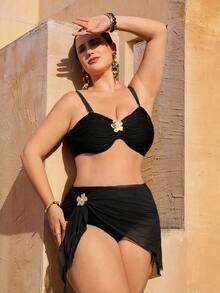 Swim Oasis Plus Size Women's 3-Piece Set, 2026 New Solid Color Black Fashion Vacation Daily Casual Sexy Detachable Strap High Waist Triangle Panty Sheer Mesh Skirt Metal Flower Decor Bikini High-End Swimsuit Set - Black - View 9