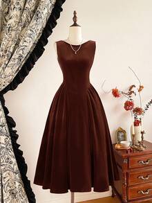 Vintamour Váy dự tiệc cocktail ngày lễ cổ điển thanh lịch dành cho nữ có túi, váy dạ hội đính ngọc trai nhung, trang phục mùa thu cho nữ, trang phục Halloween, trang phục mùa đông, váy Giáng sinh mùa đông cho nữ, trang phục mùa thu cho nữ, trang phục Halloween cho nữ, trang phục Giáng sinh cho nữ, váy dự tiệc Giáng sinh, váy năm mới, trang phục Lễ tạ ơn cho nữ, váy dự tiệc thanh lịch - Cà phê - Xem 2