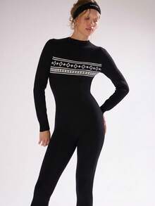 MUSERA Argyle Stripe Fitted Long Sleeve Knitted Sweater Jumpsuit Catsuit Autumn Fall Winter Ski Vacation  Lounge Holidays New Year Thanksgiving - Black - View 2