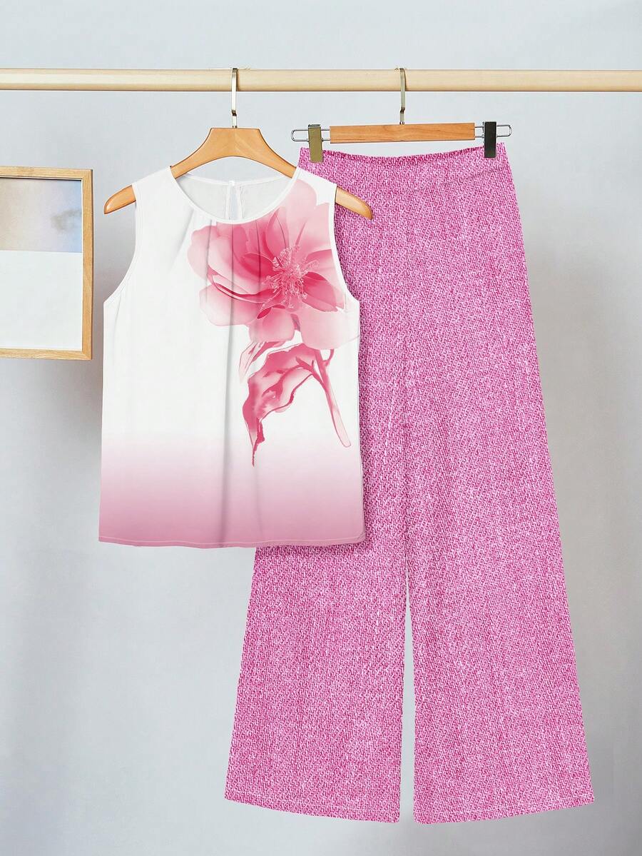 SHEIN Clasi 两件套女士休闲碎花套装，适合夏季穿着 - 粉色 - 查看 1