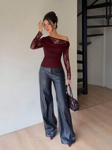 Siren Gaze Autumn/Winter New Lace Collar Slim Fit T-Shirt For Women, Elegant Ladies Top - Burgundy - View 4