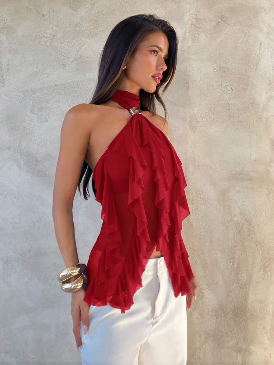 Aloruh Women's Elegant Multi-Layer Ruffle Trim Stand Collar Fitted Tank Top - Red - View 1