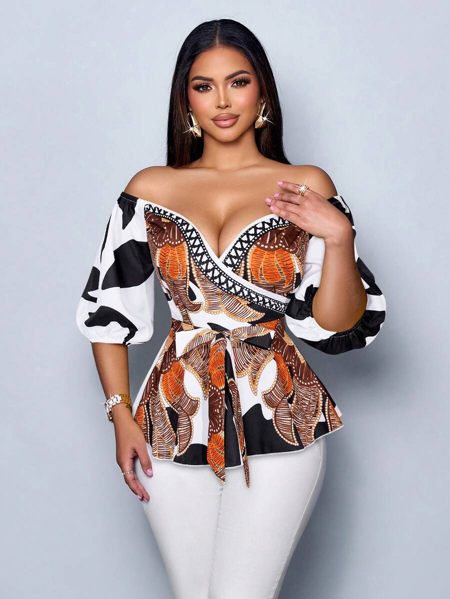 SOLERSUN 女士假日印花露肩泡泡袖系腰时尚衬衫 - 白色 - 查看 1