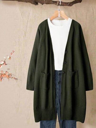 Linhara Plus Size Women's Solid Color Knitted V-Neck Long Sleeve Mid-Length Casual Cardigan, Winter