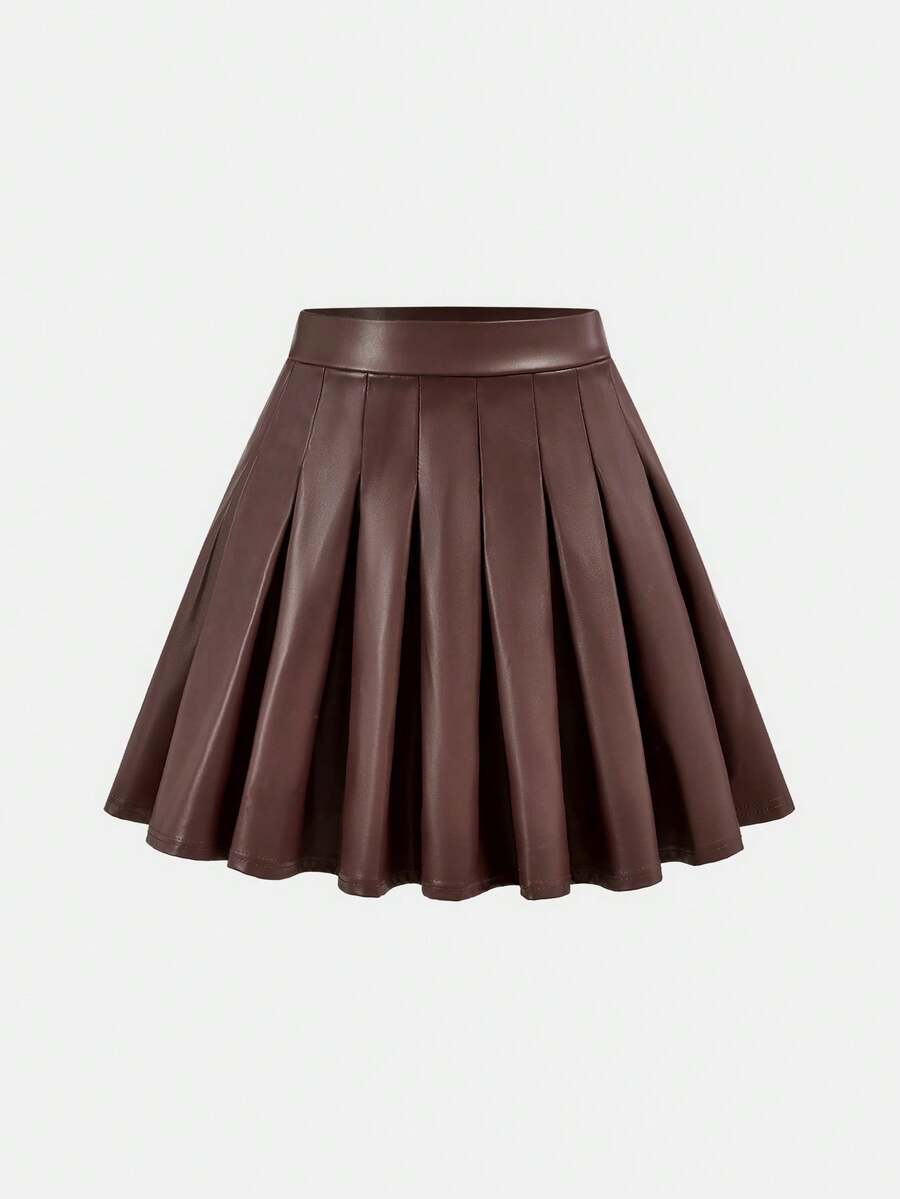 SHEIN Tween Girl Casual High-Waisted Versatile Solid Color Pleated Short PU Skirt - Brown - View 1