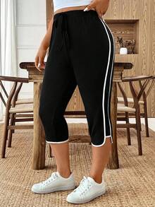 SHEIN CURVE+ 大码女式休闲运动优雅蝴蝶结条纹宽松裤 - 黑色 - 查看 6