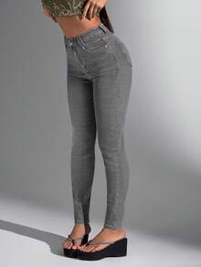 SHEIN Unity 女士纯色休闲牛仔裤 - 灰色 - 查看 2