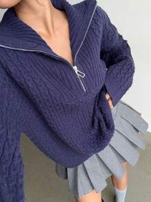 SHEIN MOOSTA Women's Navy Blue Cable Knit Sweater, Fashionable Casual Versatile Commuter Loose Fit Long Sleeve Pullover, Autumn/Winter - Blue - View 7