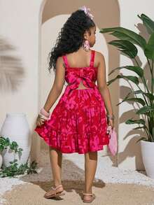 SHEIN Vestido de verano con estampado floral, escote halter y cintura recortada para niña preadolescente, vestidos rojos - Rojo - Ver 5