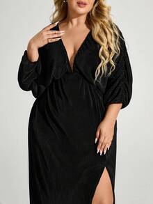 Truni Fall Clothes For Women,WinterPlus Size Elegant Sexy Solid Color High Slit Dress - Black - View 5