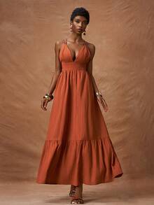 Zivah Vestido feminino de cor sólida com textura, costas abertas, babados na barra e cintura marcada. Ideal para férias, festas, casamentos, estilo boho, deslocamentos diários e brunch. - Ferrugem Marrom - Ver 6