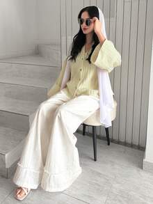 Solavon 女士纯色落肩长袖单排扣休闲宽松衬衫 - 鵝黃色 - 查看 7