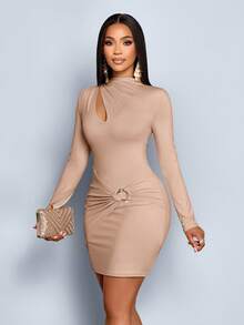 SOLERSUN Abito mini aderente e sexy in tessuto lavorato a maglia, con maniche lunghe, colletto alto, collo rialzato, plissettature, apertura sul petto, decorazione con bottoni metallici, adatto per feste e uso quotidiano, colore albicocca, ideale per l'autunno e l'inverno - Cachi - Visualizzare 5