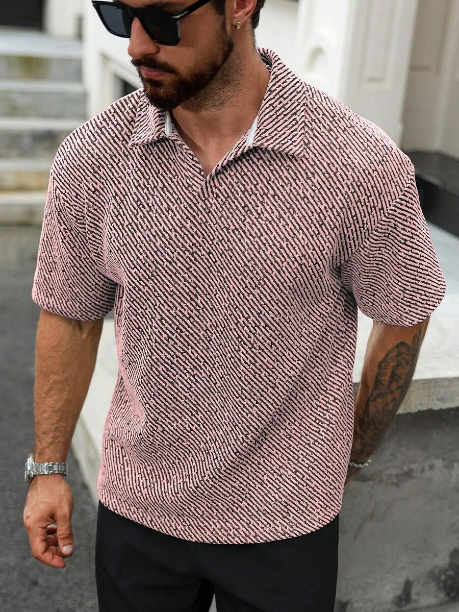 Manfinity Homme Herren Große Größen Reife Lässig Gestreifte Poloshirts, Herren Häkel Shirts, Strickshirts, Kubanisches Hemd - Verschiedenfarbig - Übersicht 1