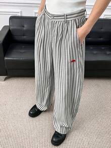 Manfinity BRENVOR 男士标准尺码时尚条纹弧形裤脚裤 - 黑與白 - 查看 5