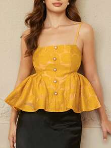 BELROSIE Women's Sleeveless Top With Floral Jacquard Pattern, Cute & Sweet Girly Style, Pearl Button Decor, Ruffle Hem - Yellow - View 1