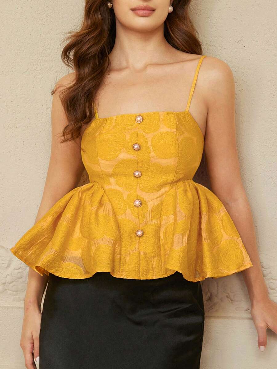 BELROSIE Women's Sleeveless Top With Floral Jacquard Pattern, Cute & Sweet Girly Style, Pearl Button Decor, Ruffle Hem - Yellow - View 1