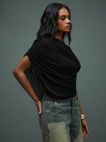 Hauture Fall Boho Sexy Casual Asymmetrical One Shoulder Ruched Drape Top - Black - View 5