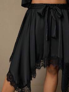 Freevana Fustă vintage boemă din satin negru, cu talie neregulată, cu tiv din dantelă, tip A-line, retro elegantă, de primăvară timpurie, versatilă, pentru slăbit - Negru - Vizualizare 3