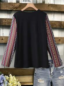 Seusyu Casual Loose Knit Textured Sadu Pattern Printed Plus Size T-Shirt, Versatile For Spring & Autumn - Multicolor - View 2