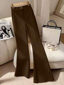 GlowEve CURVE 大码女士优雅通勤休闲纯色高腰口袋工作裤 - 咖啡棕 - 查看 5