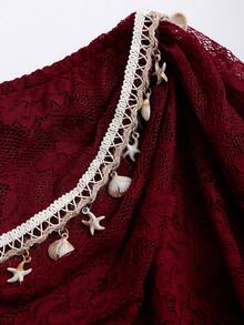 Sweetra Chân váy mini xòe dáng vintage thanh lịch, gợi cảm với họa tiết ren phối ghép, vạt áo xếp ly bất đối xứng, thích hợp cho tiệc Valentine. - Màu Đỏ Sâu - Xem 6