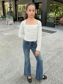 SHEIN Tween Girl Ruched Long Sleeve T-Shirt, Slit Cuffs, Waist Ruching, Square Neck T-Shirt, Autumn/Winter Top - White - View 6