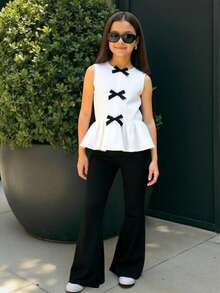 女童3D蝴蝶结无袖上衣和锥形裤两件套，春夏优雅休闲装 - 黑色 - 查看 2