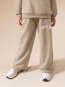SUMWON Oversized Tween Hoodie And Wide Leg Sweatpants Co-Ord Set With Front Pocket And Studios Print For Girls For Casual And Vacation - Beige - View 5